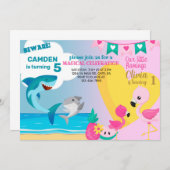 Flamingo und Haischwilinge Geburtstagseinladung. Einladung (Vorne/Hinten)