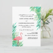Flamingo und Palm Blätter Tropische Hochzeit Einladung (Stehend Vorderseite)