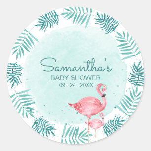 Flamingo- und Palmenblätter Teal-Wasserfarbe Baby Runder Aufkleber