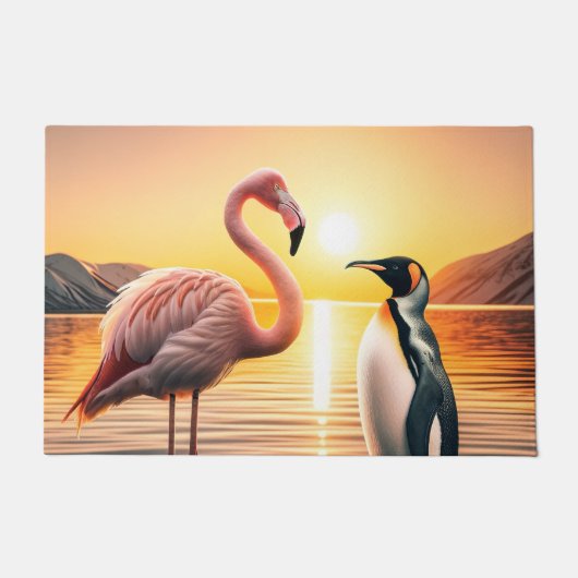 Flamingo und Penguin Sunset Encounter Fußmatte (Vorderseite)