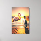 Flamingo und Penguin Sunset Encounter Leinwanddruck (Vorderseite)