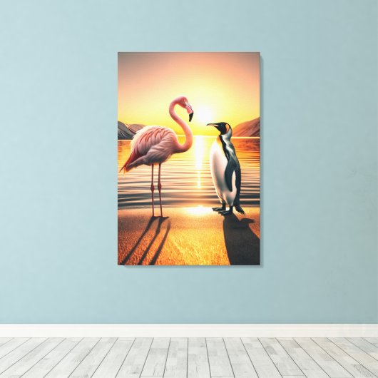 Flamingo und Penguin Sunset Encounter Leinwanddruck (Insitu (Holzboden))
