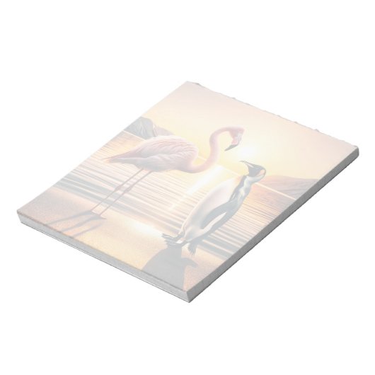 Flamingo und Penguin Sunset Encounter Notizblock (Rotiert)