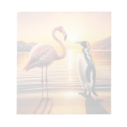 Flamingo und Penguin Sunset Encounter Notizblock (Vorderseite)
