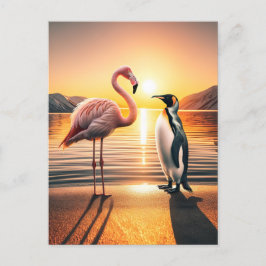 Flamingo und Penguin Sunset Encounter Postkarte