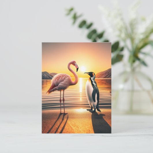 Flamingo und Penguin Sunset Encounter Postkarte (Stehend Vorderseite)