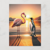 Flamingo und Penguin Sunset Encounter Postkarte (Vorderseite)