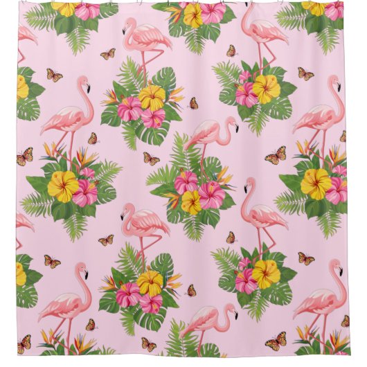 Flamingo und Schmetterlinge 1 Duschvorhang (Vorderseite)