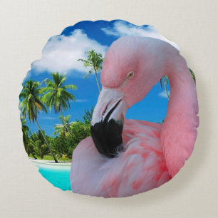 Flamingo und Strand Rundes Kissen