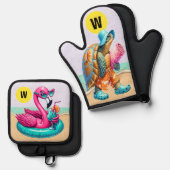 Flamingo und Turtle Fun Ofenhandschuh & Topflappen-Set (Vorderseite/Rückseite)