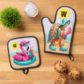 Flamingo und Turtle Fun Ofenhandschuh & Topflappen-Set (Oben Unten)