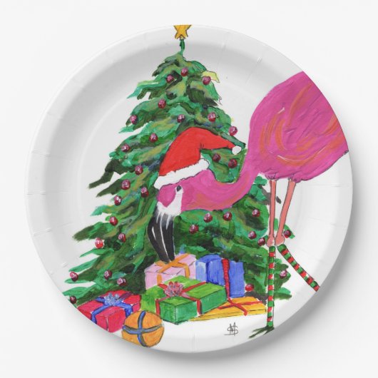 Flamingo und Weihnachtsbaum Pappteller (Vorderseite)