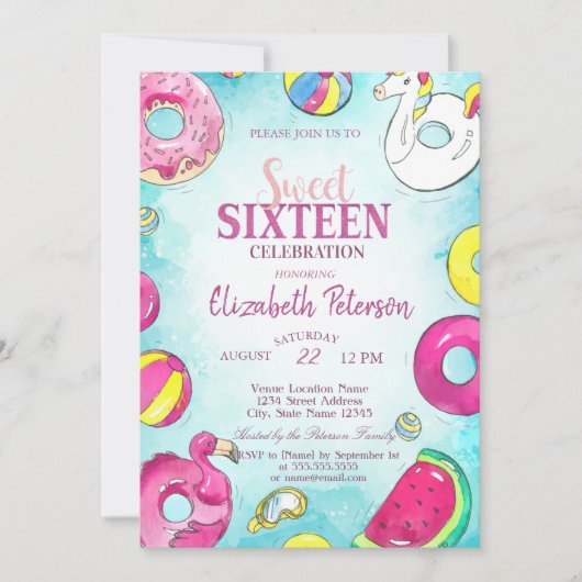 Flamingo Unicorn Summer Pool Sweet 16 Party Einladung (Vorderseite)