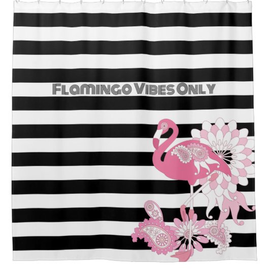 Flamingo Vibes only Black & White Strip Flamingo Duschvorhang (Vorderseite)