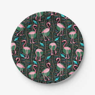 Flamingo-Vögel 20er Jahre Deco-Farne-Muster Schwar Pappteller