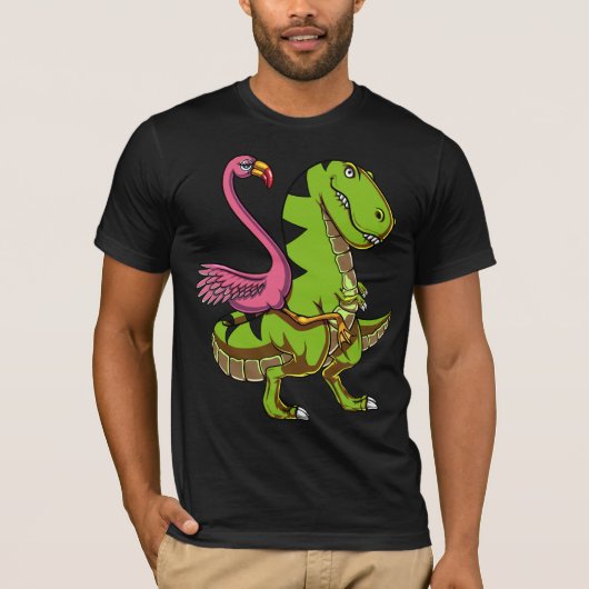 Flamingo-Vogel, der T-Rex Dinosaurier reitet T-Shirt (Vorderseite)