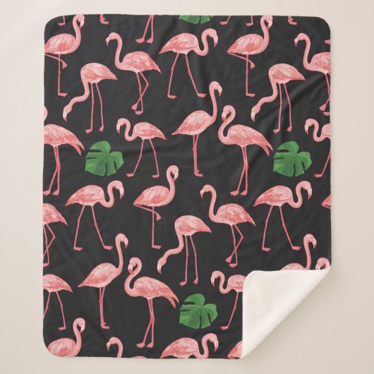 Flamingo-Vogel mit Monstera-Palm-Blätter Muster.  Sherpadecke (Vorderseite)