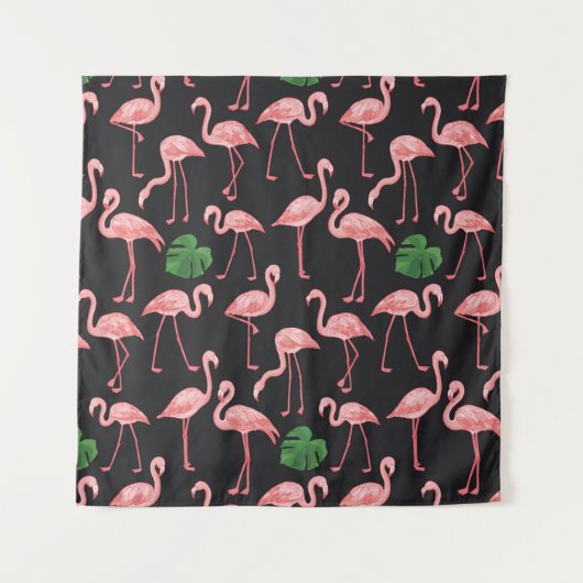 Flamingo-Vogel mit Monstera-Palm-Blätter Muster.  Wandteppich (Vorderseite)