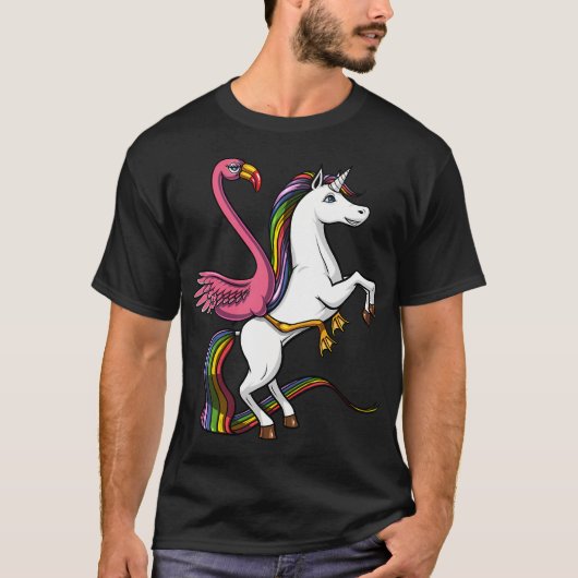 Flamingo Vogel Reitet Einhorn T-Shirt (Vorderseite)