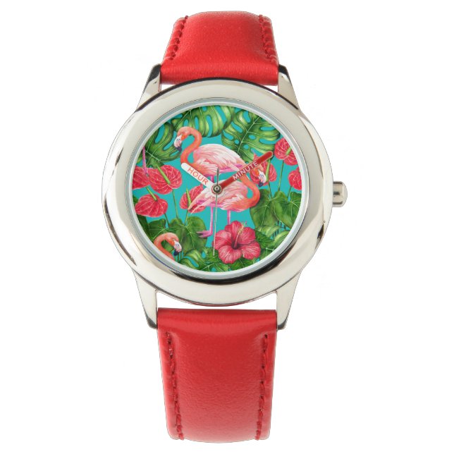 Flamingo-Vögel und tropische Gartenfarbe Armbanduhr (Vorderseite)