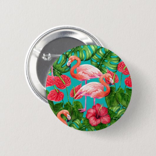 Flamingo-Vögel und tropische Gartenfarbe Button (Vorne & Hinten)