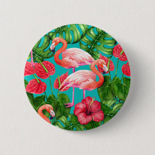 Flamingo-Vögel und tropische Gartenfarbe Button