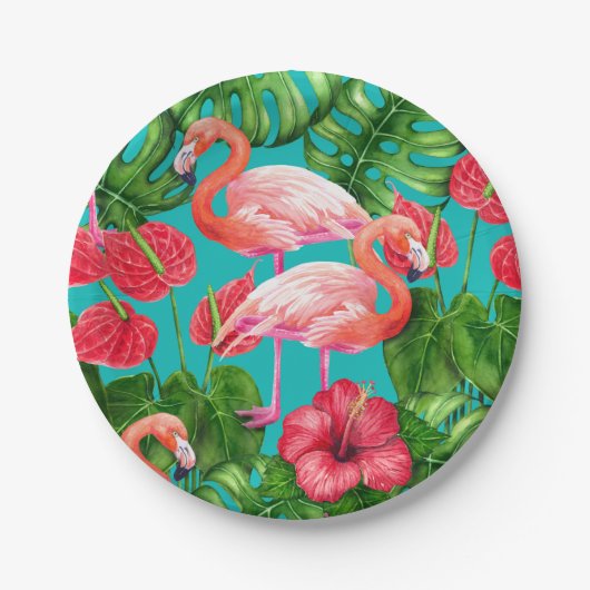 Flamingo-Vögel und tropische Gartenfarbe Pappteller (Vorderseite)