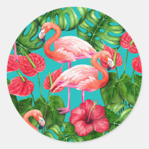 Flamingo-Vögel und tropische Gartenfarbe Runder Aufkleber