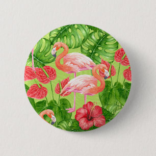 Flamingo-Vögel und tropische Pflanze Button