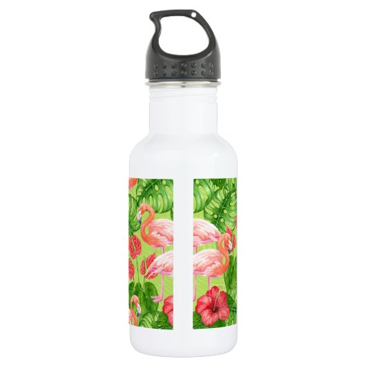 Flamingo-Vögel und tropische Pflanze Edelstahlflasche (Rückseite)
