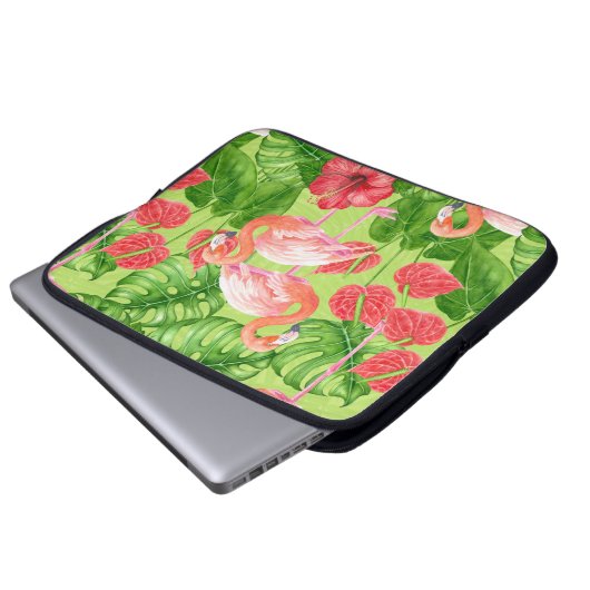 Flamingo-Vögel und tropische Pflanze Laptopschutzhülle (Vorne Knopf)