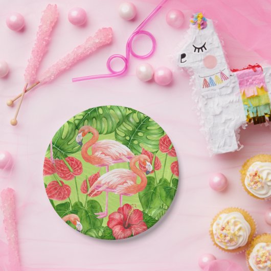 Flamingo-Vögel und tropische Pflanze Pappteller (Party)