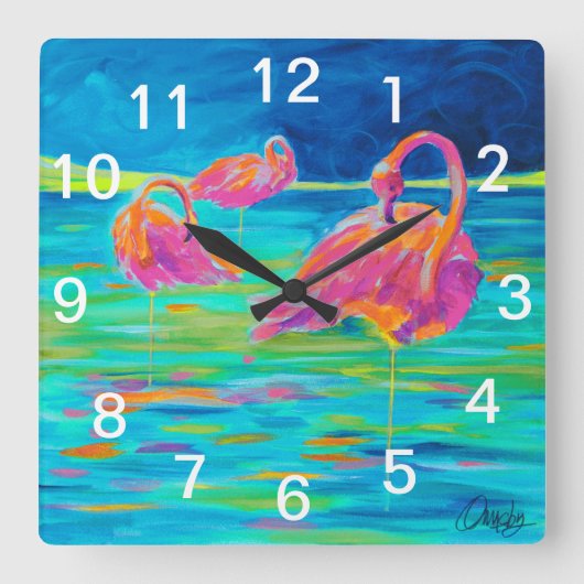 Flamingo Wall Clock Quadratische Wanduhr (Vorderseite)