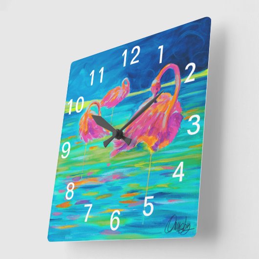 Flamingo Wall Clock Quadratische Wanduhr (Winkel)