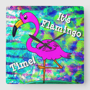 Flamingo-Wanduhr ist es Flamingo-Zeit! Quadratische Wanduhr