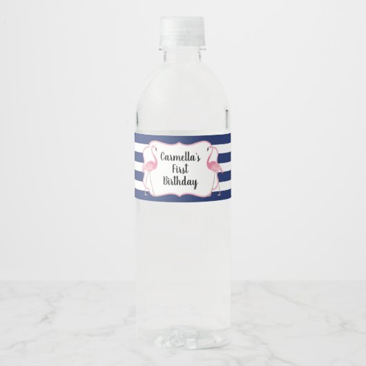 Flamingo Wasserflasche Label Navy Strip Wasserflaschenetikett (Vorderseite)