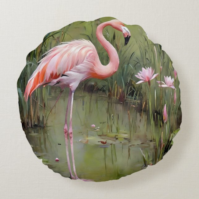 Flamingo Water Lilies and Reeds Oil Painting, Rundes Kissen (Rückseite)