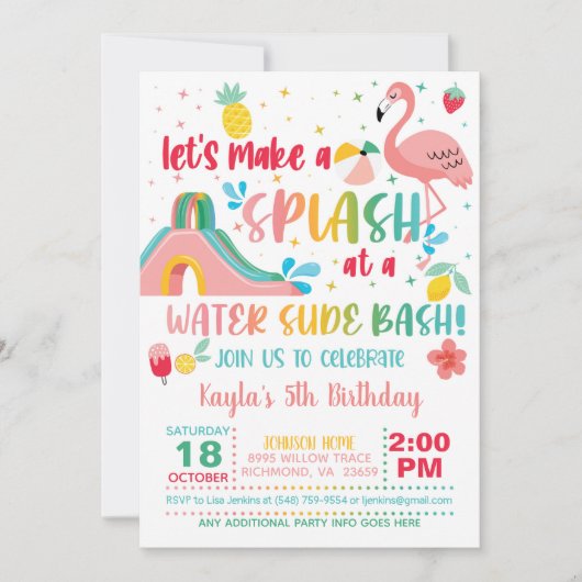 Flamingo Water Slide Geburtstag Einladung (Vorderseite)