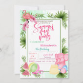 Flamingo, Watermelon Palm Leaf Sommer Geburtstag Einladung (Vorderseite)