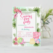 Flamingo, Watermelon Palm Leaf Sommer Geburtstag Einladung (Stehend Vorderseite)