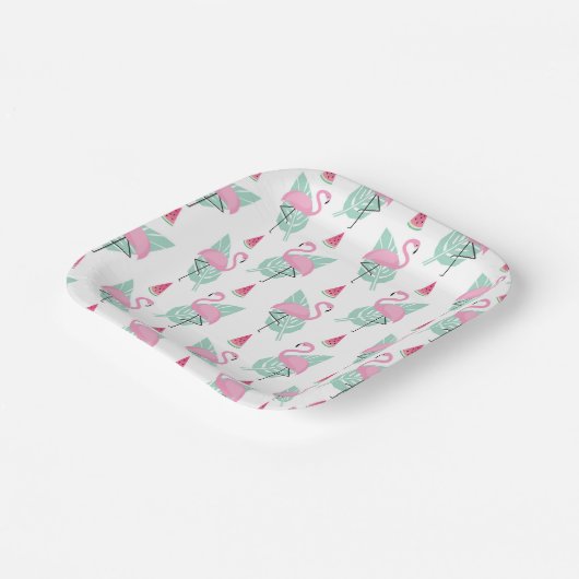 Flamingo & Watermelon Pastel Pattern Pappteller (Gewinkelt)