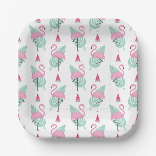 Flamingo & Watermelon Pastel Pattern Pappteller (Vorderseite)