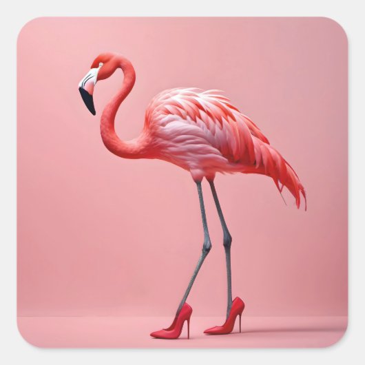 Flamingo Wearing Red High Heels Quadratischer Aufkleber (Vorderseite)