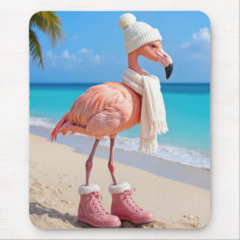 Flamingo Wearing Winter Scarf and Boots Mousepad