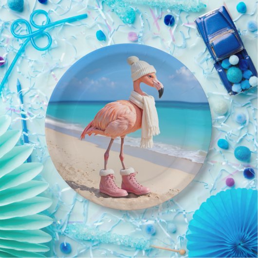 Flamingo Wearing Winter Scarf and Hat Pappteller (Party)
