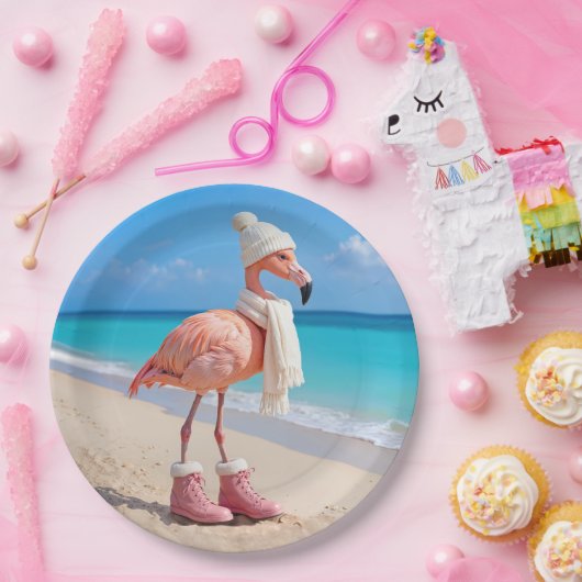 Flamingo Wearing Winter Scarf and Hat Pappteller (Party)