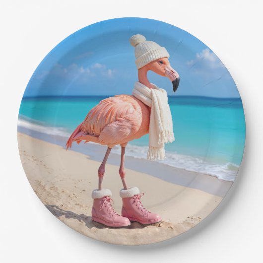 Flamingo Wearing Winter Scarf and Hat Pappteller (Vorderseite)