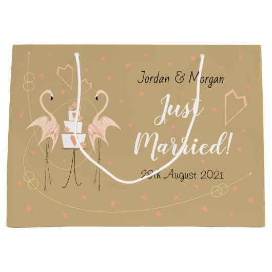 Flamingo Wedding Just Married! Datum der Namen Große Geschenktüte (Vorderseite)