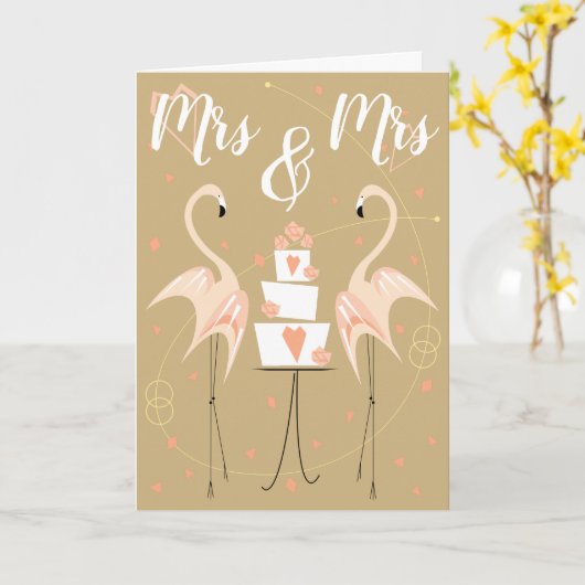 Flamingo Wedding Mrs. & Mrs. Text Karte (Gelbe Blume)