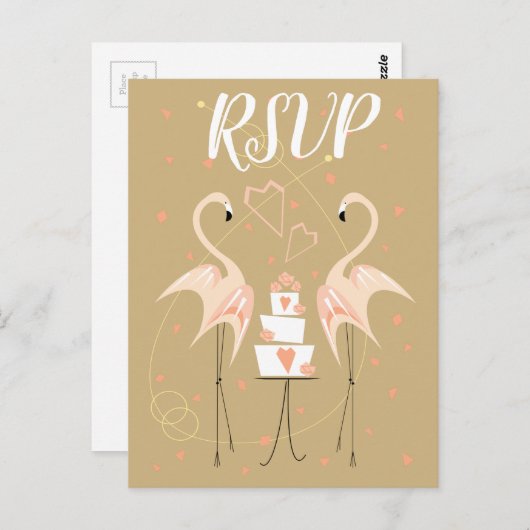 Flamingo Wedding RSVP Postkartenporträt Postkarte (Vorne/Hinten)